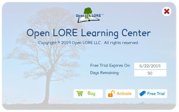 Open LORE Learning Center Free Trial Splash Screen